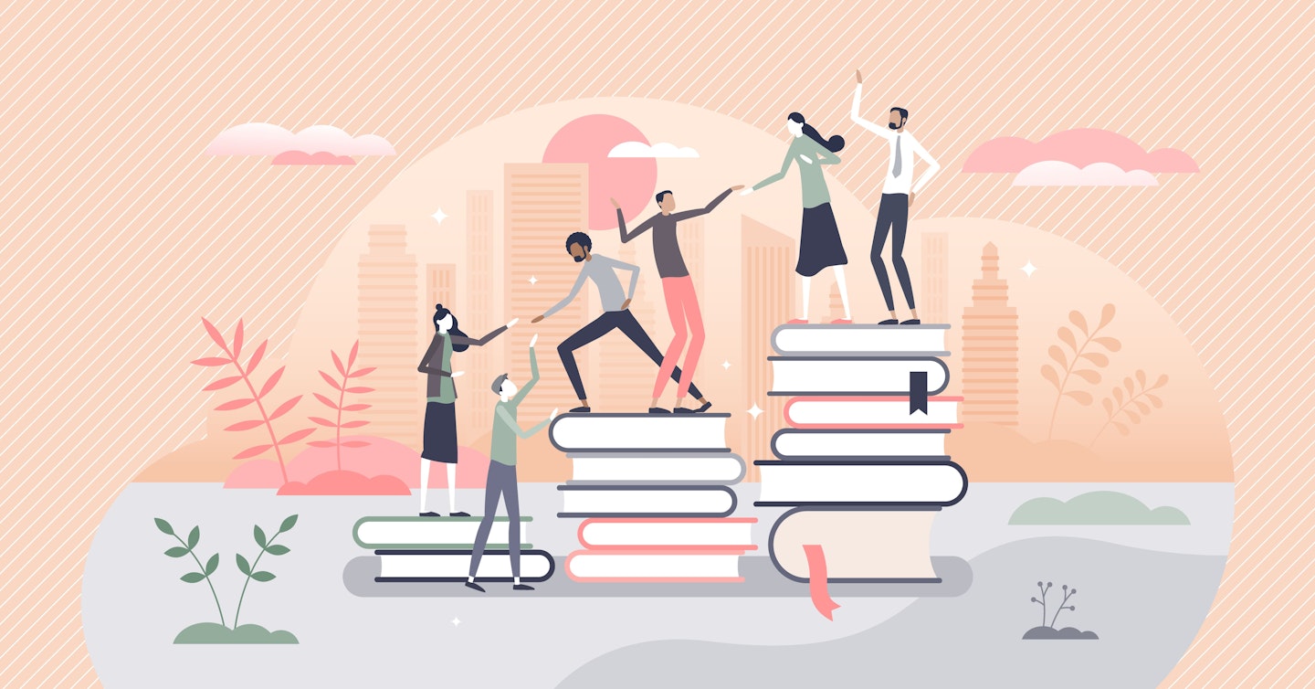 academic progress students standing on books as steps